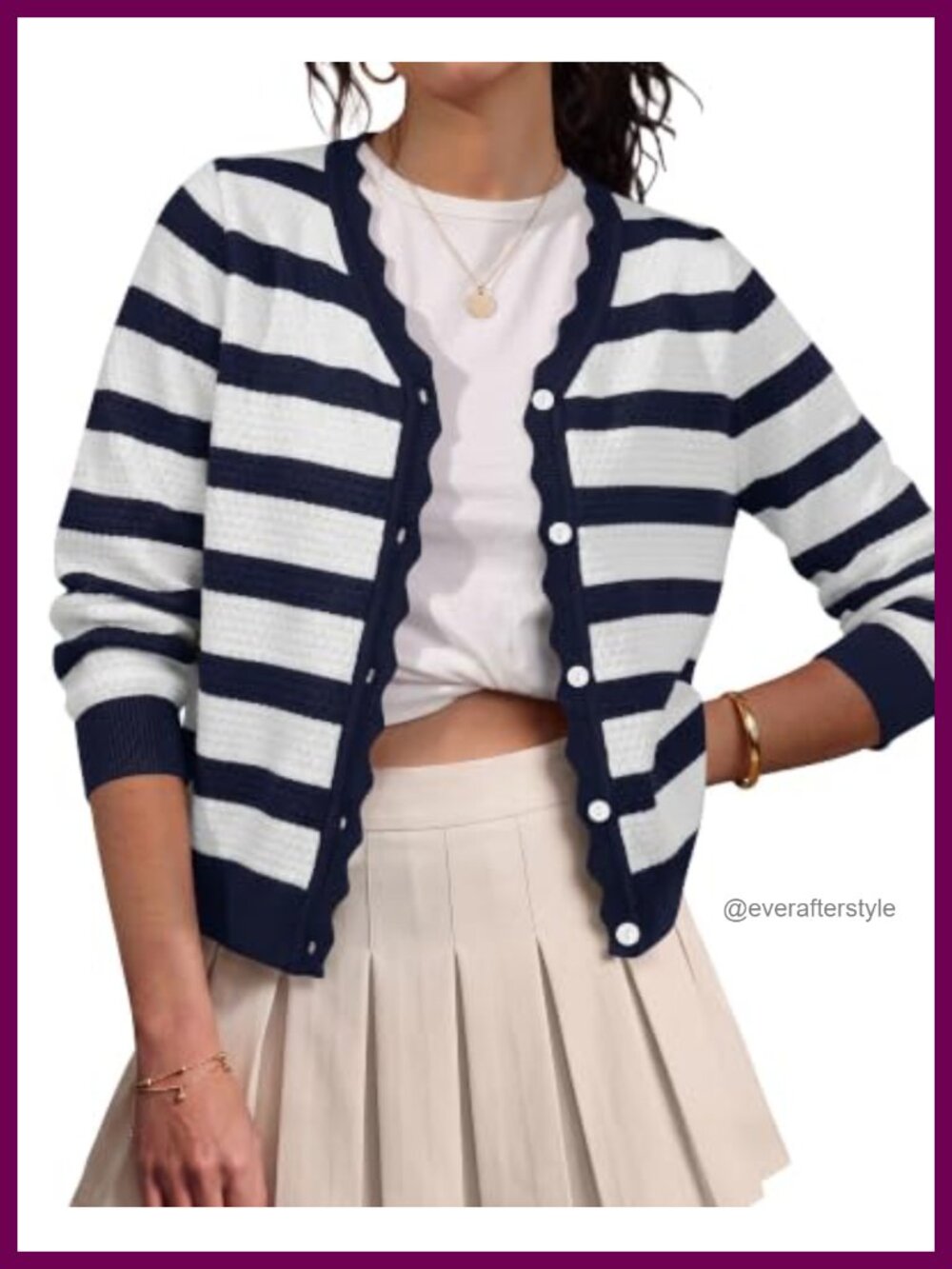 Scalloped Striped Cardigan V Neck Cropped Knit Sweater